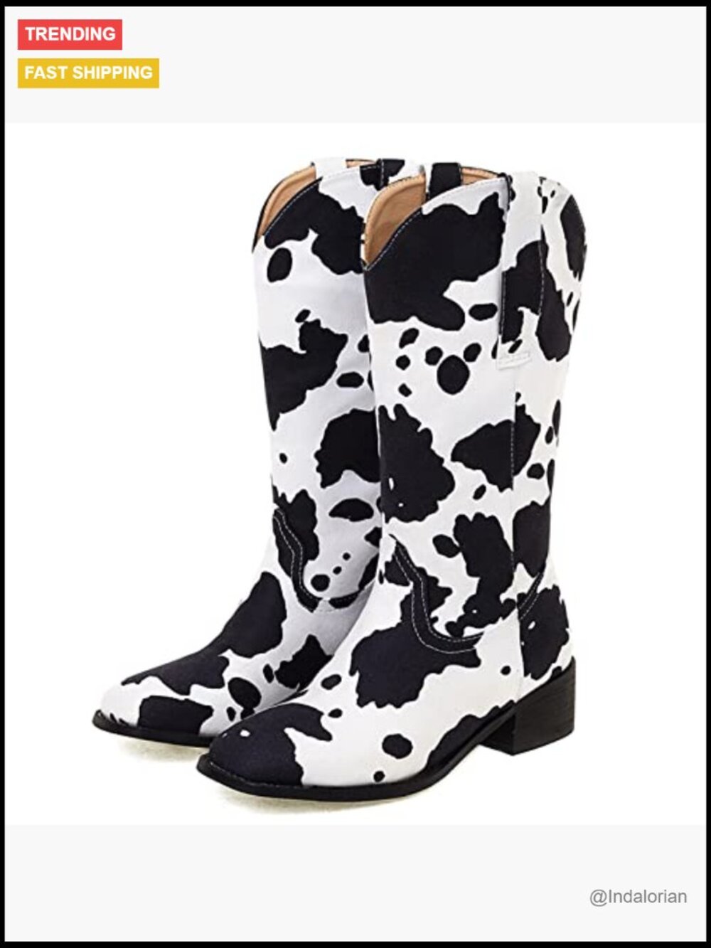 Synthetic Cow Print Mid Calf Cowboy Boots Chunky Heel Plus Size - Picture 5 of 7